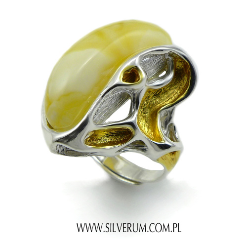 www.silverum.com.pl - pierścionek z bursztynem #bursztyn, #mleczny, #pierścionek, #srebro, #złocone, #biżuteria, #artystyczna, #rękodzieło