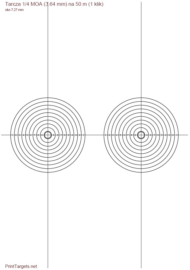 Tarcza 1/4 MOA na 50 m (odstęp 3,64 mm między okręgami)